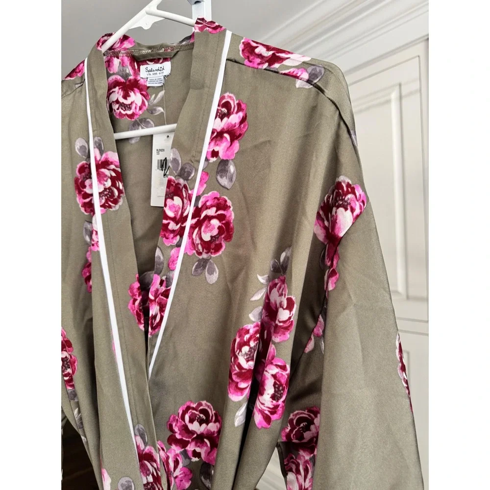 NWT Splendid Floral Satin Robe Long Pink Roses Taupe Olive Green NWT L XL